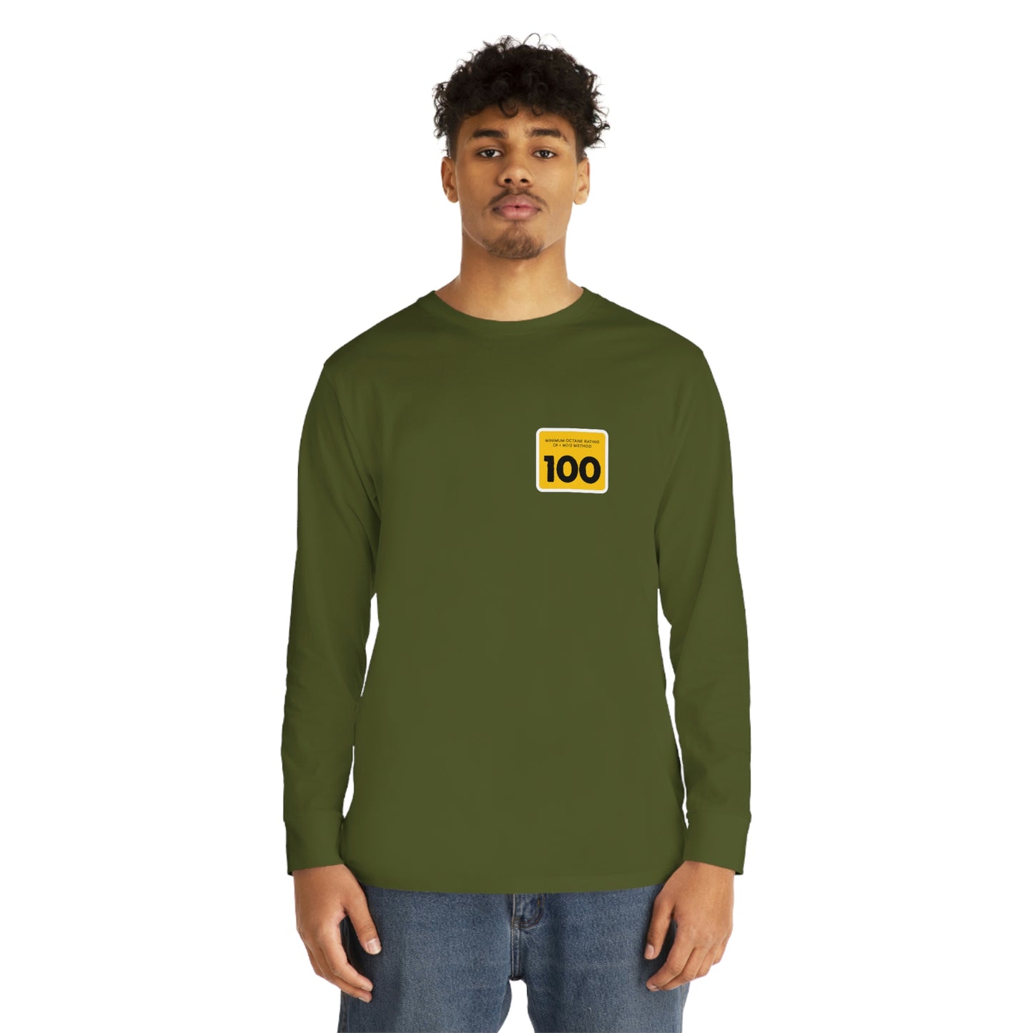 Come And Take It 100 Octane Gas Pump Long Sleeve Crewneck Tee with Design On Back